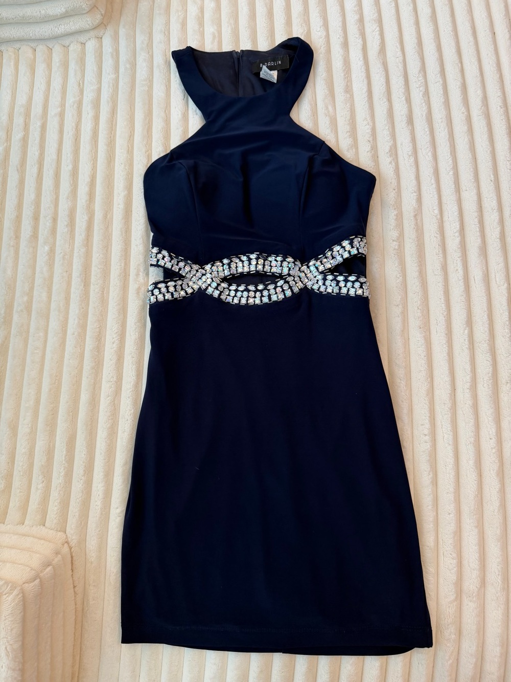 B Darlin Navy Halter Dress with Iridescent Jeweled Cut Out Waist. Size 3/4 - Picture 2 of 6